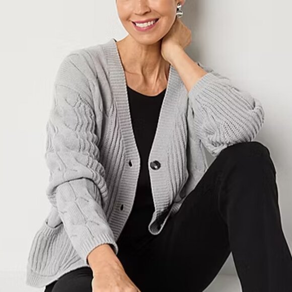 NWT St. John's Bay Women's V Neck Long Sleeve Button Cardigan, Lt Heather Gray - Picture 3 of 11